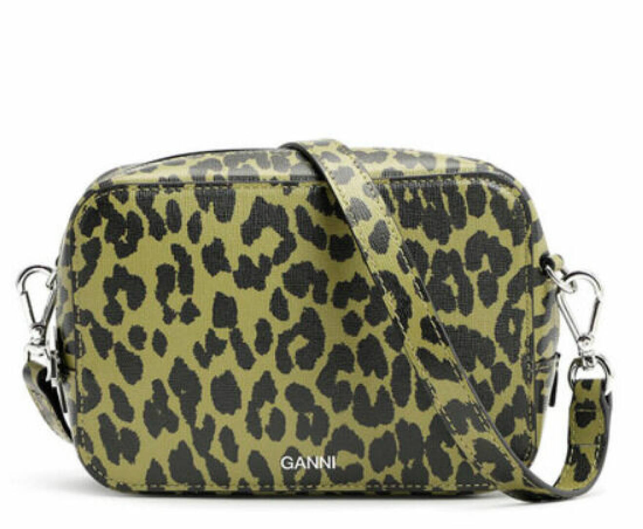 Leopardmönstrad väska i skinn i grönt och svart. Handväska från Ganni.