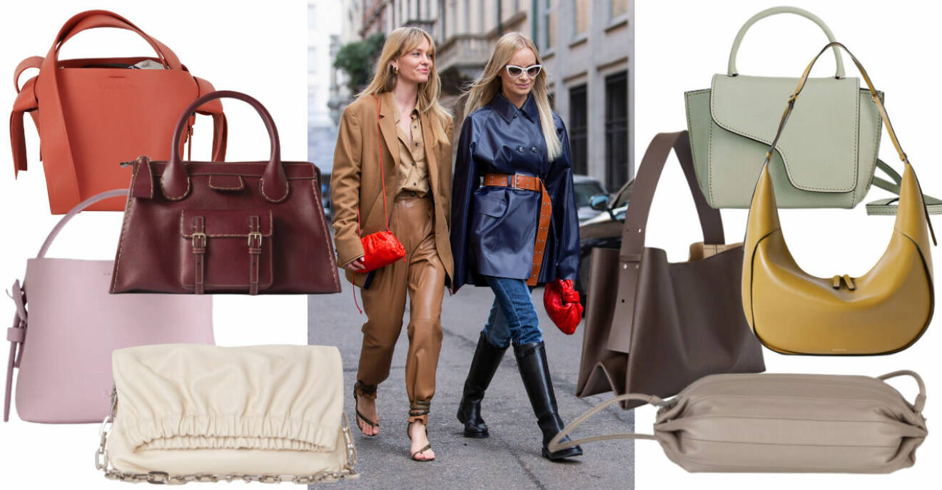 Inspirationskollage med väskor som matchar vinterns mörka ytterplagg. Alla produkter beskrivs mer i artikeln. Inspirationsbild med två tjejer som piggar upp sina monokroma outfits i mörkblått och brunt med knallröda väskor.