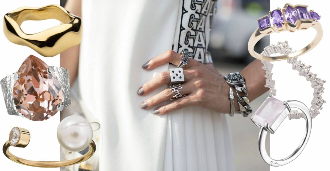 Inspirationskollage med ringar. I mitten är det en närbild på en tjejs hand med ringar och en klocka och ett armband, allt i silver.