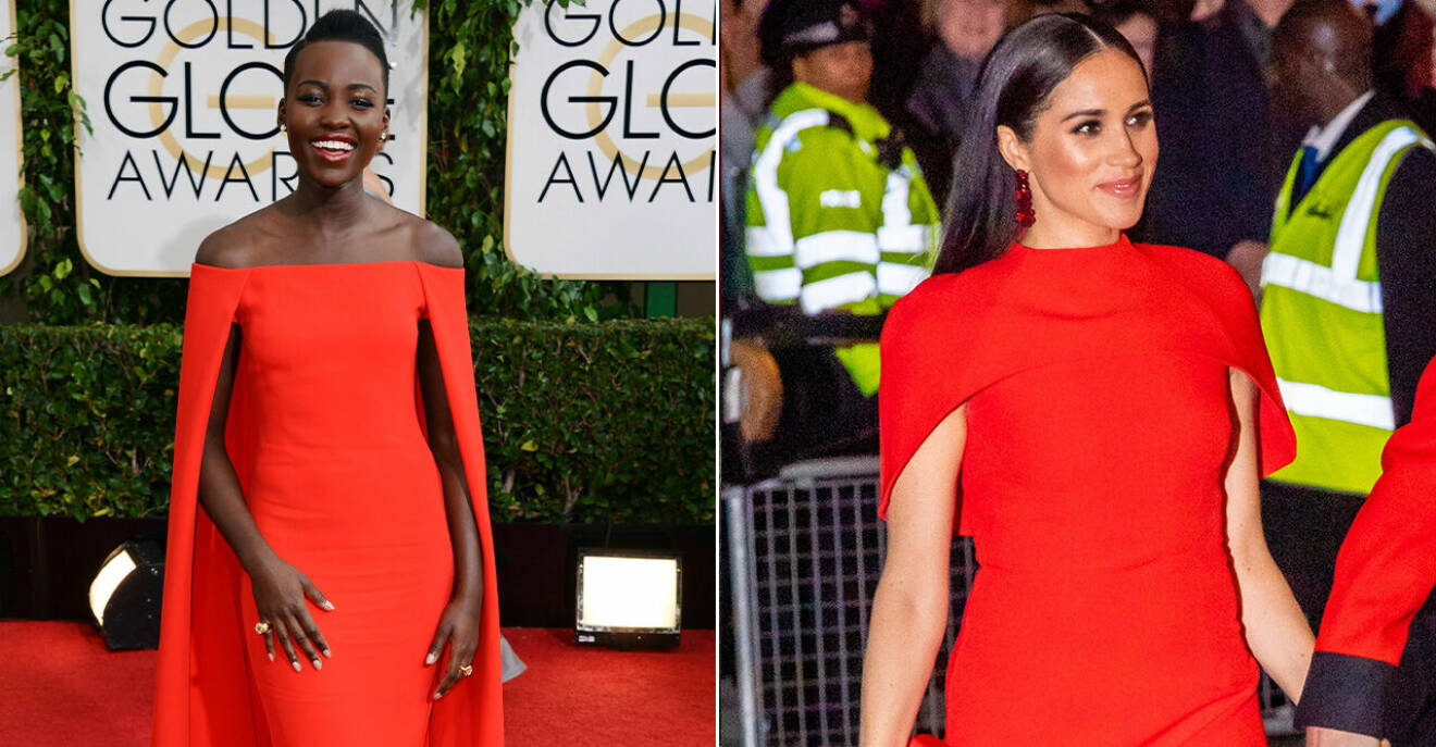 Lupita Nyong'o och Meghan Markle i likadana röda klänningar.