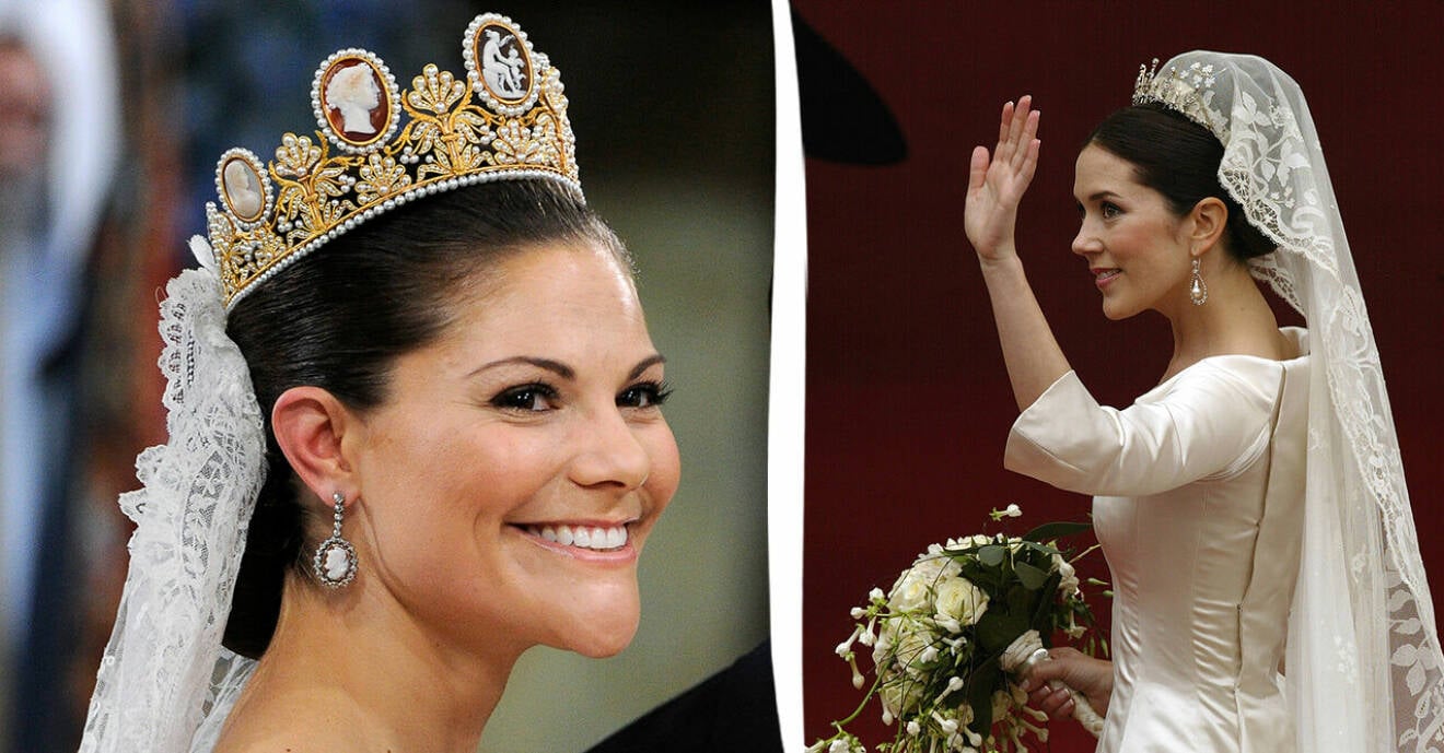 Kronprinsessan Victoria vid sitt bröllop 2010 och kronprinsessan Mary vid sitt bröllop 2004.