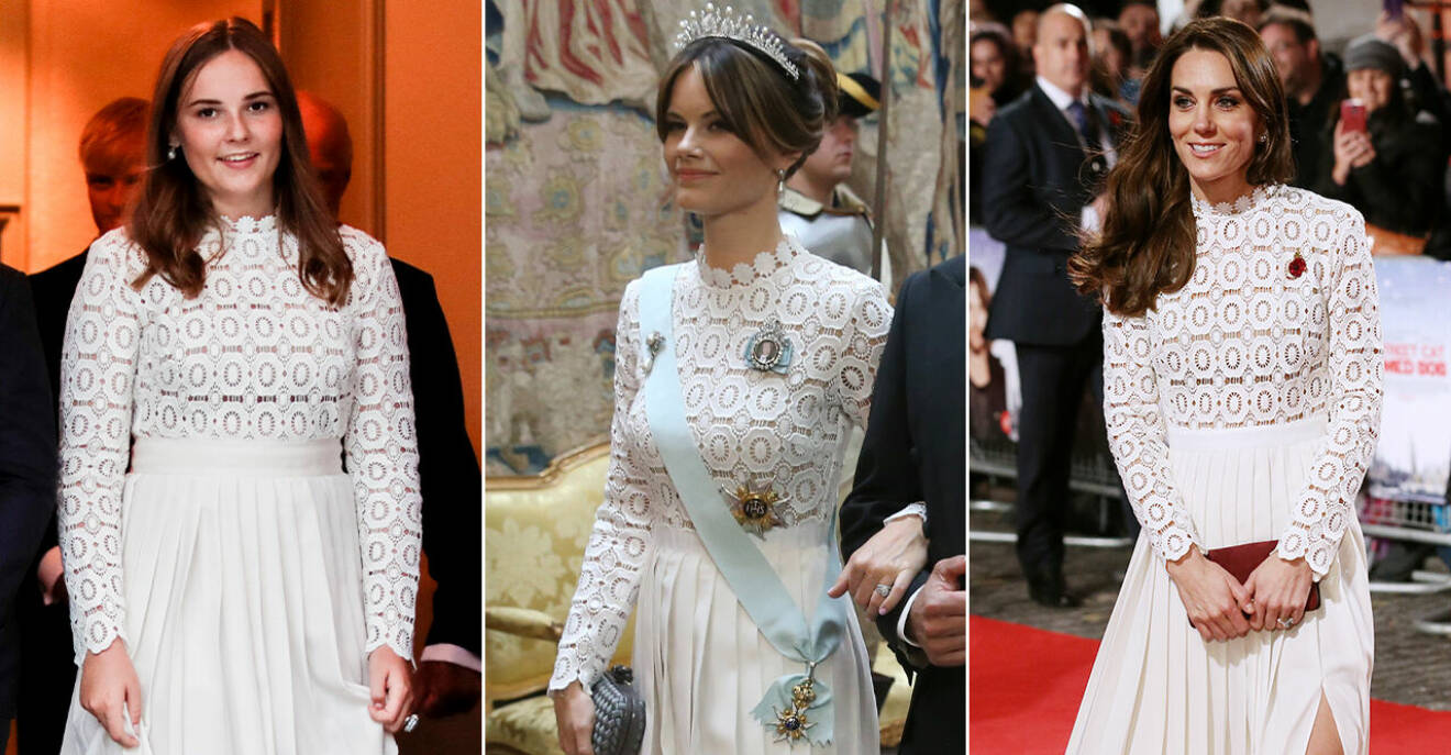 Prinsessan Ingrid Alexandra, prinsessan Sofia och Kate i likadana vita spetsklänningar från Self-Portrait.