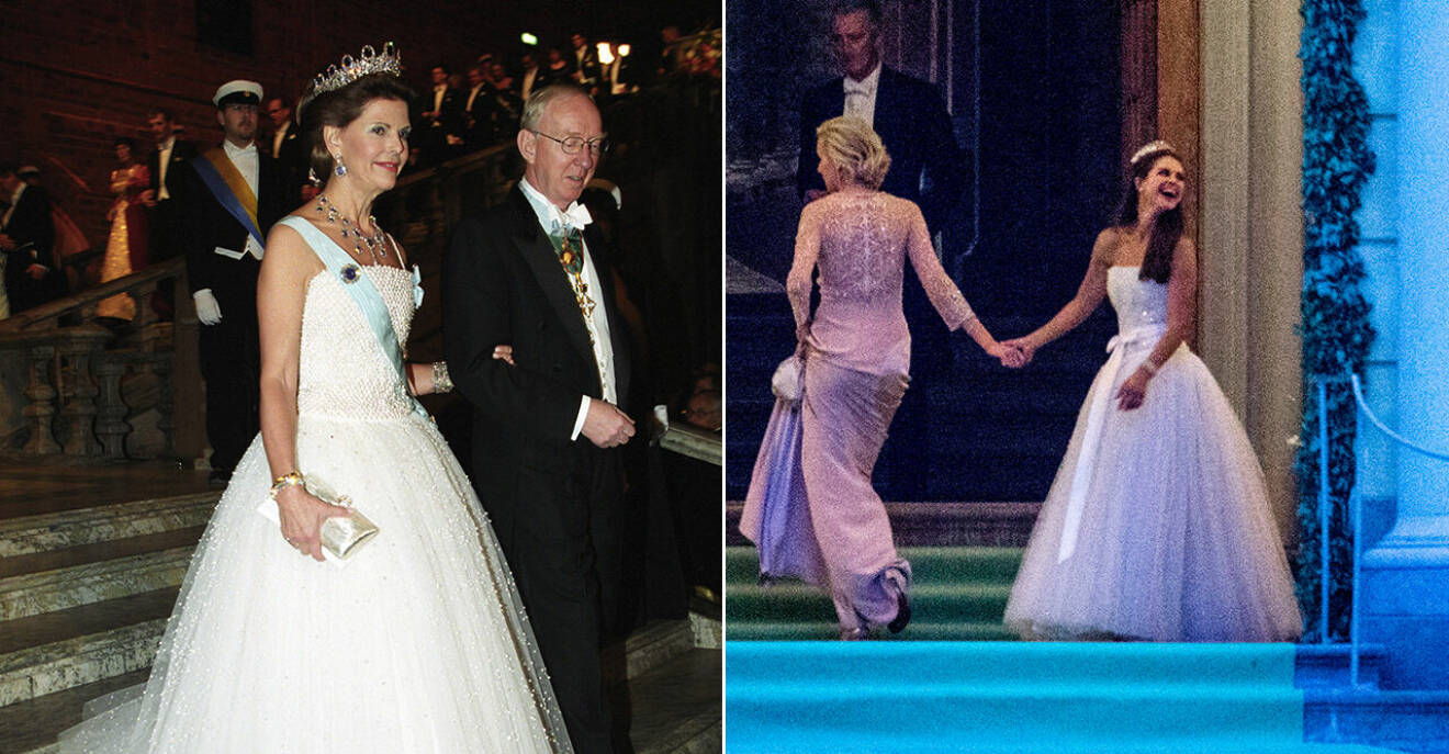 Drottning Silvia vid Nobel 2001 och prinsessan Madeleine vid bröllopsfesten 2013. Båda bära samma tyllklänning från Nina Ricci.
