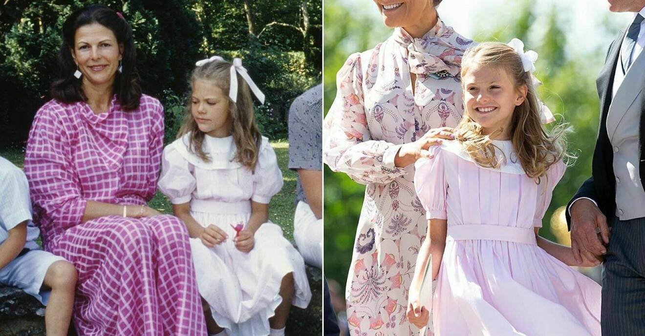 Kronprinsessan Victoria och prinsessan Estelle i samma rosa klänning med vit krage.