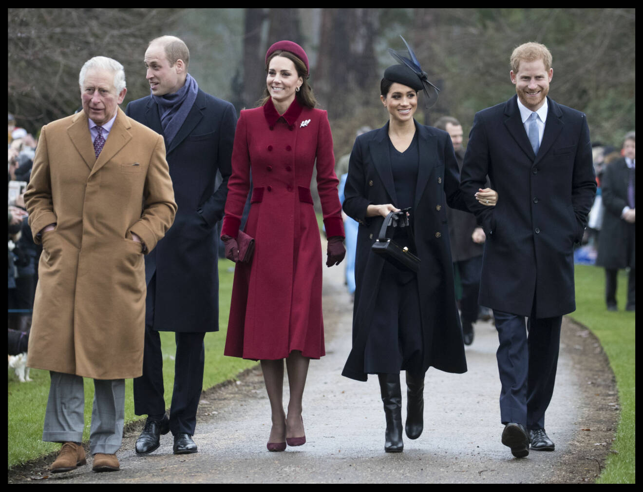 Prins Charles, prins William, Kate, Meghan och prins Harry vid gudtjänsten på juldagen 2018.
