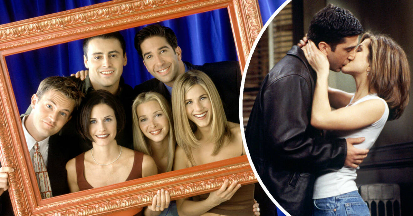Skådespelarna från Vänner håller i en ram, Rachel och Ross pussas