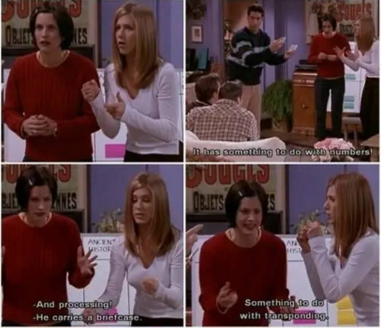 Monica och rachel gissar Chandlers jobb