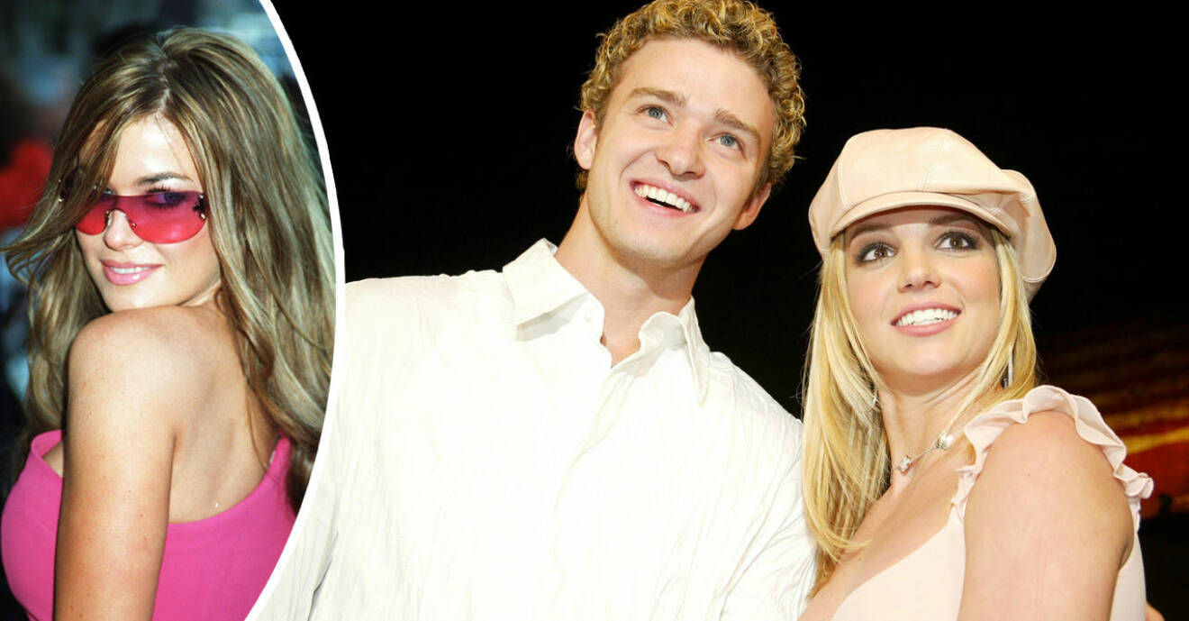 Britney Spears och Justin Timberlake i vitt och Carmen electra i rosa solglasögon