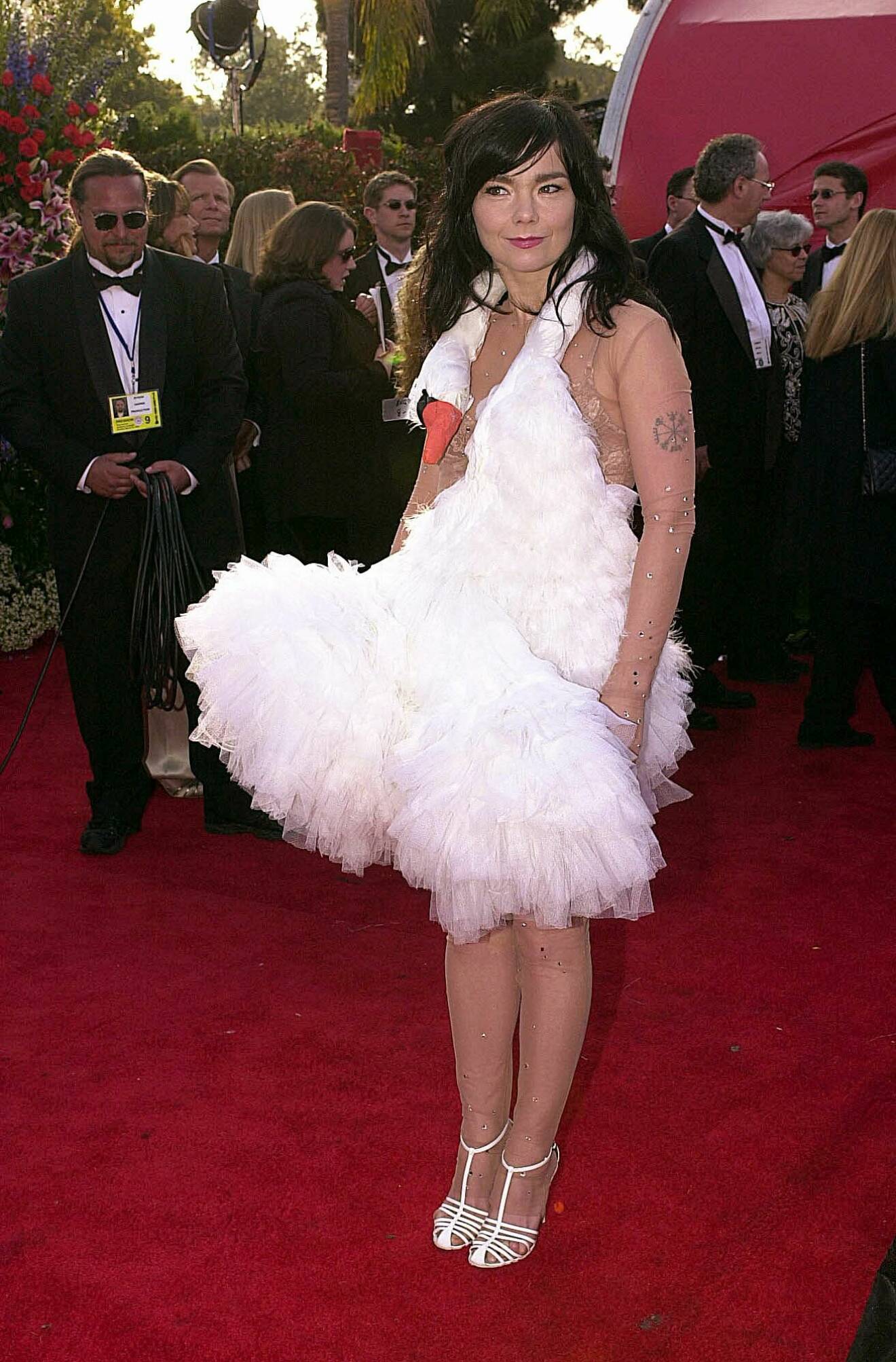 Björk gick på röda mattan iklädd en svanklänning inför Oscarsgalan 2001.