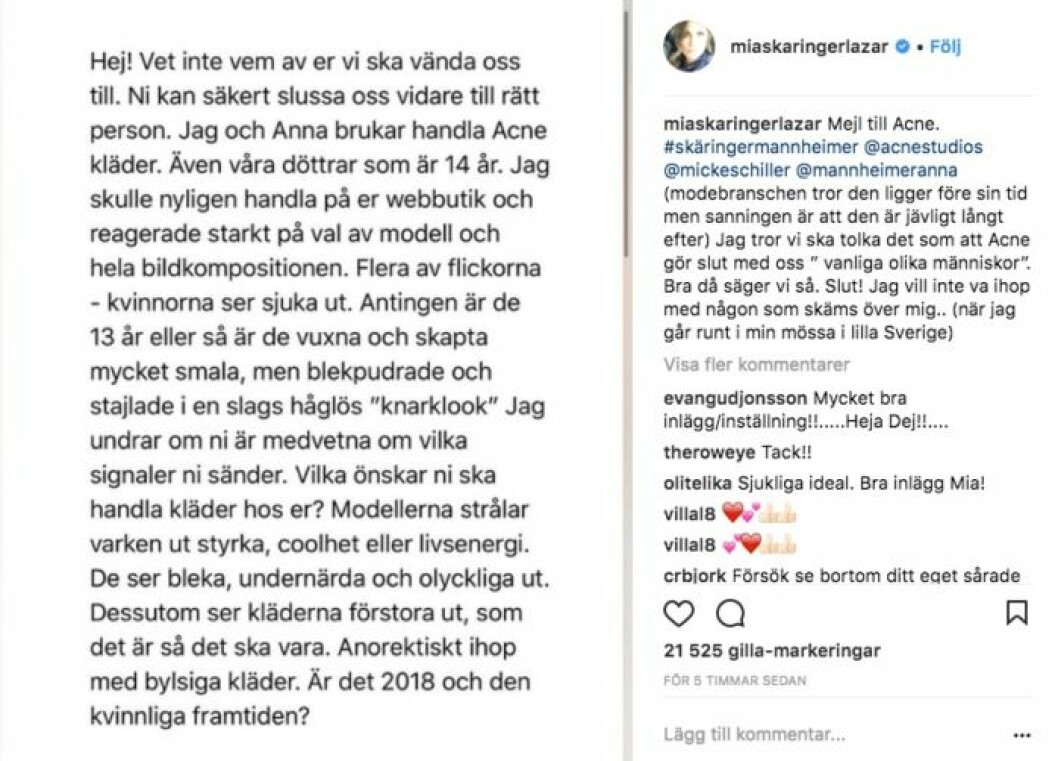 Skäringer och Mannheimer har skrivit ett öppet brev till Acne.<br>Foto: Instragram mia skaringer instagram