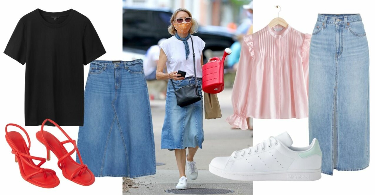 Inspirationskollage med den långa jeanskjolen som bas. Produkterna beskrivs mer i artikeln nedan. Kändisbild i kollaget på Naomi Watts i lång jeanskjol, vitt linne, vita sneakers, svart handväska och en röd vattenkanna.
