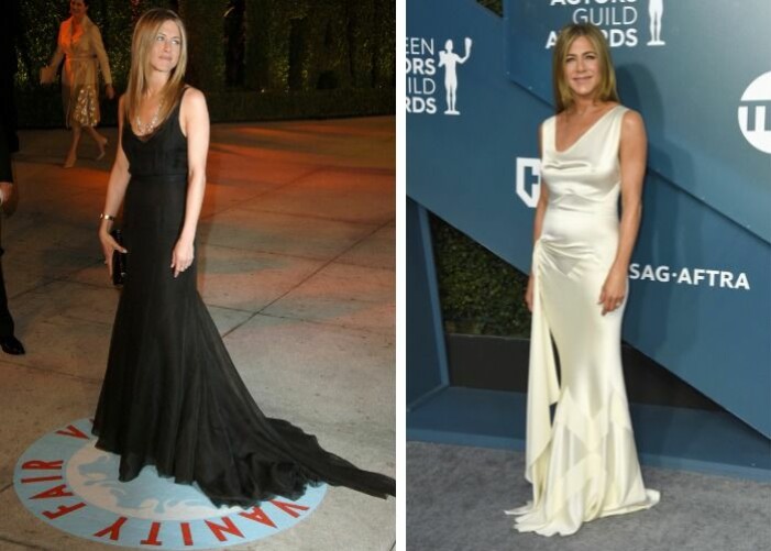 Jennifer Aniston 2006 vs. 2020. Till vänster: Jennifer Aniston på sin första Oscarsgala i svart långklänning och till höger på Sag-galan 2020.