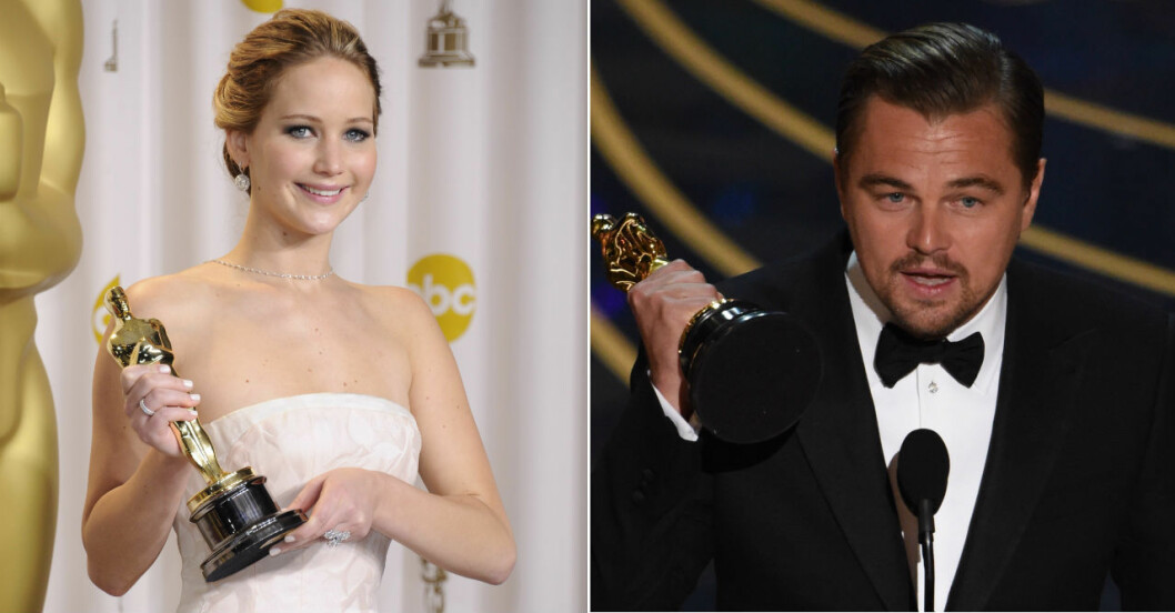 Jennifer Lawrence och Leonardo DiCaprio på Oscarsgalan.