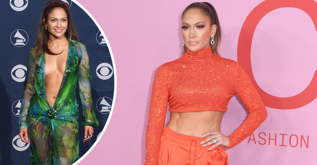 Jennifer Lopez i grön Versaceklänning 2000 och Jennifer Lopez i orange långärmad magtröja år 2019