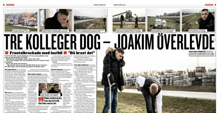 Faksimil Kvällsposten från reportaget om Joakim Dahlqvist som överlevde olyckan. Faksimil Kvällpostens reportage om Joakim Dahlqvist och dödsolyckan i Staffanstorp.