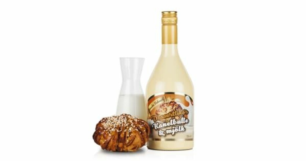 en flaska sprit, ett glas mjölk och en kanelbulle