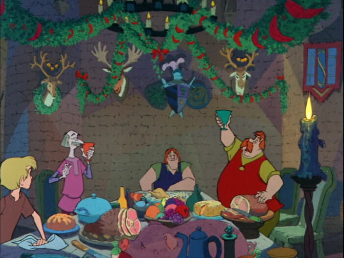 Karaktärerna äter kalkon vid sin julmiddag i filmen Disneys film Svärdet i stenen. Karaktärerna äter kalkon vid sin julmiddag i filmen Disneys film Svärdet i stenen.