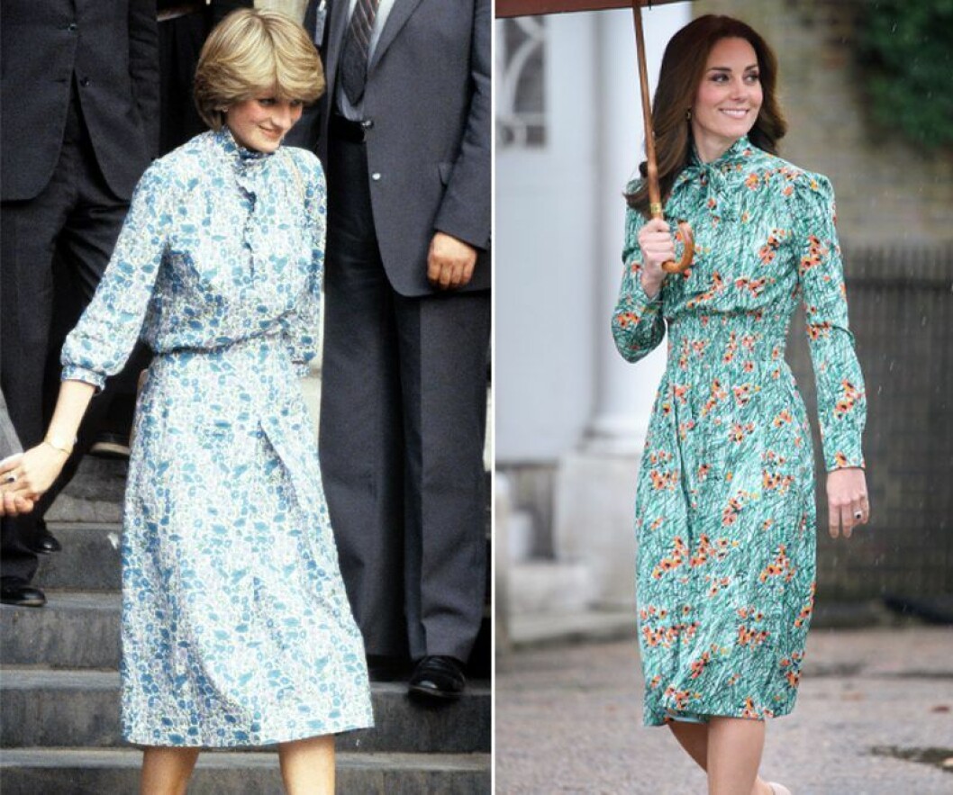 Prinsessan Diana 1981 och Kate Middleton 2017. Kate Middleton och prinsessan Diana i grön blommig klänning