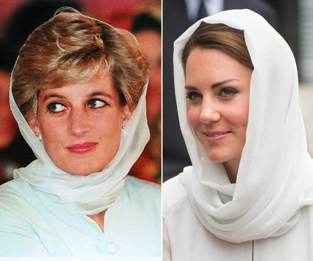 Prinsessan Diana 1996 och Kate Middleton 2012. Kate Middleton och prinsessan Diana i vit sjal på huvudet