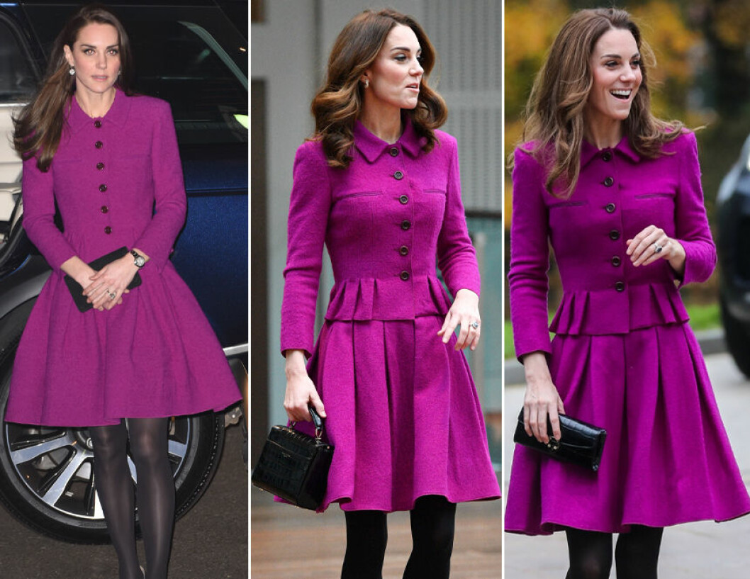 2017, januari 2019 och november 2019. Kate Middleton i lila kappa
