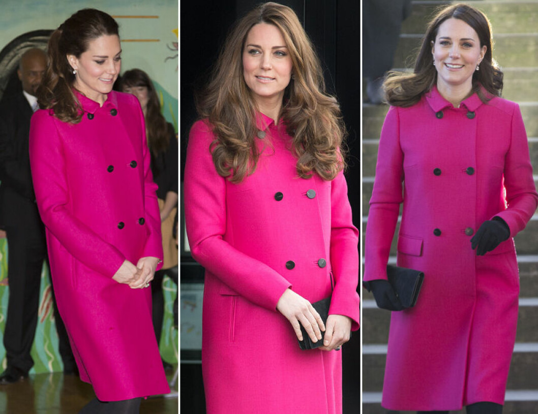 2014, 2015 och 2018. Kate Middleton i rosa kappa