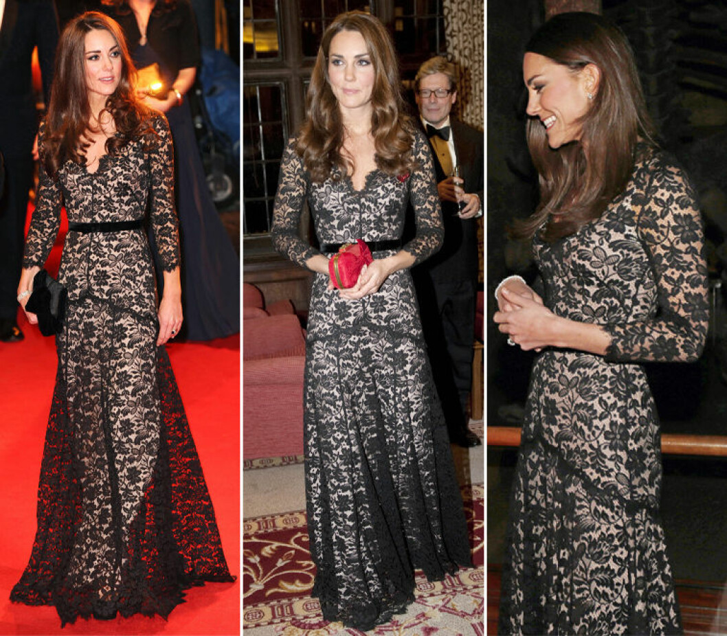 Januari 2012, november 2012 och 2013. Kate Middleton i svart klänning med spets