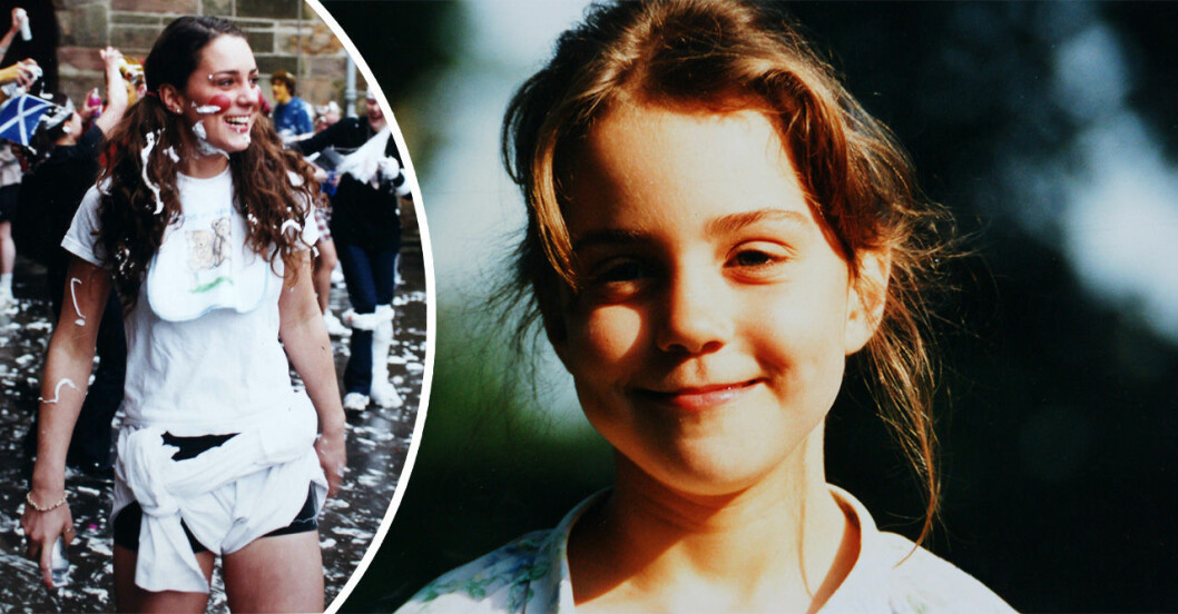 kate middleton är ung och är på fest på universitetet, samt en bild på Kate Middleton när hon är barn