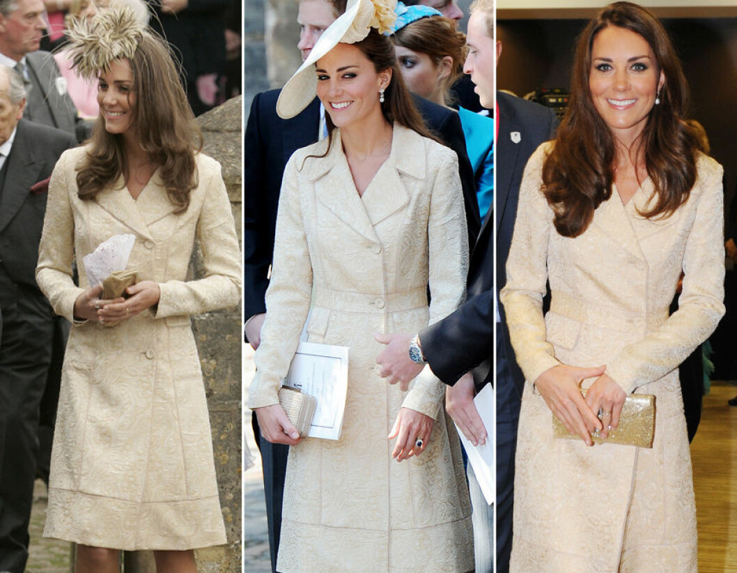 2006, 2011 och 2012. Kate Middleton i vit kappa