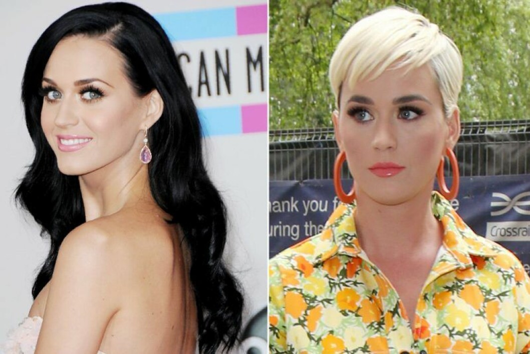 Katy Perry bytte frisyr totalt. Katy Perry i långt mörkt hår och i kort och blont