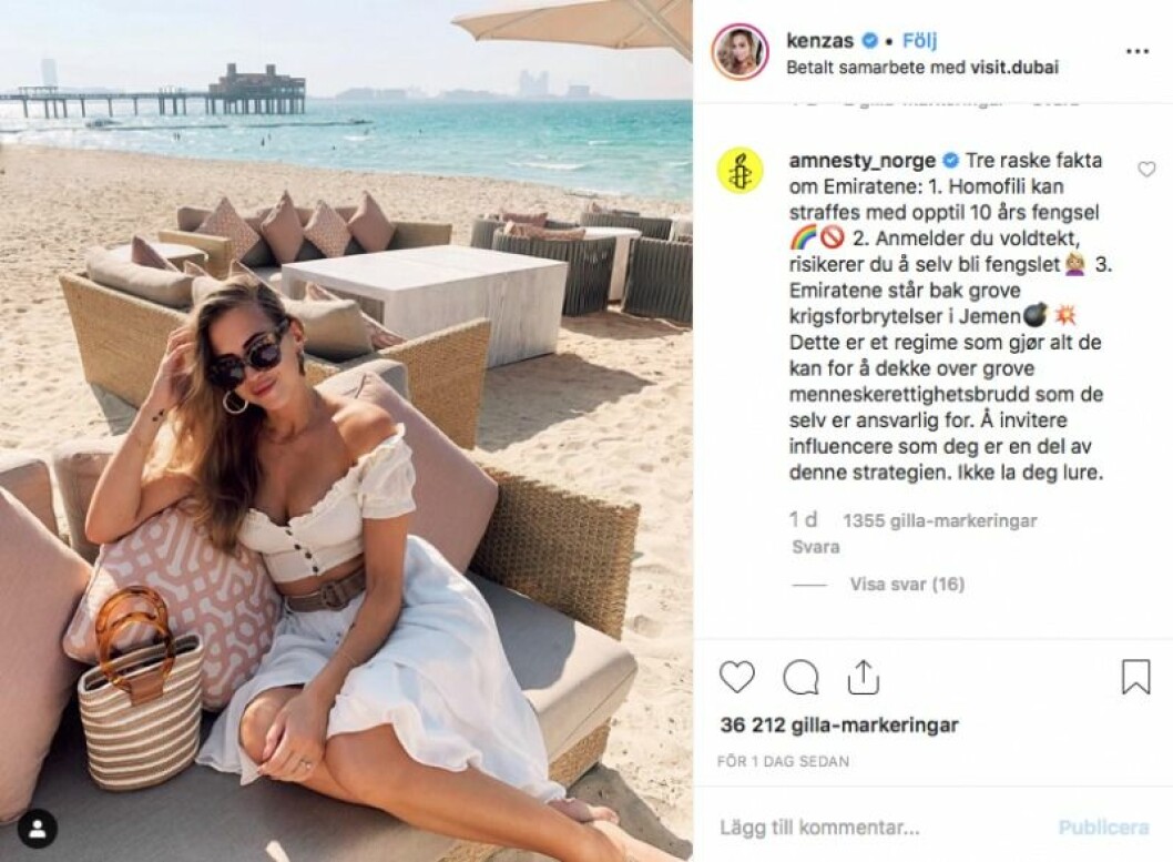 Hårda ord från Amnesty Norge. Skärmdump från Instagram. Kenza blir starkt kritiserad av Amnesty.