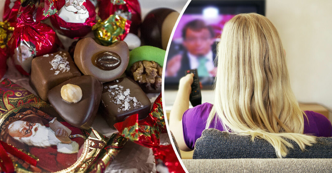 kollage med julgodis och kvinna som tittar på tv