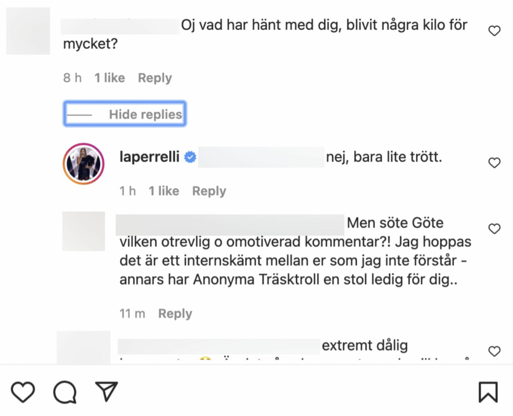 Skärmdump från Charlotte Perrellis kommentarsfält på Instagram. kommentarsfältet