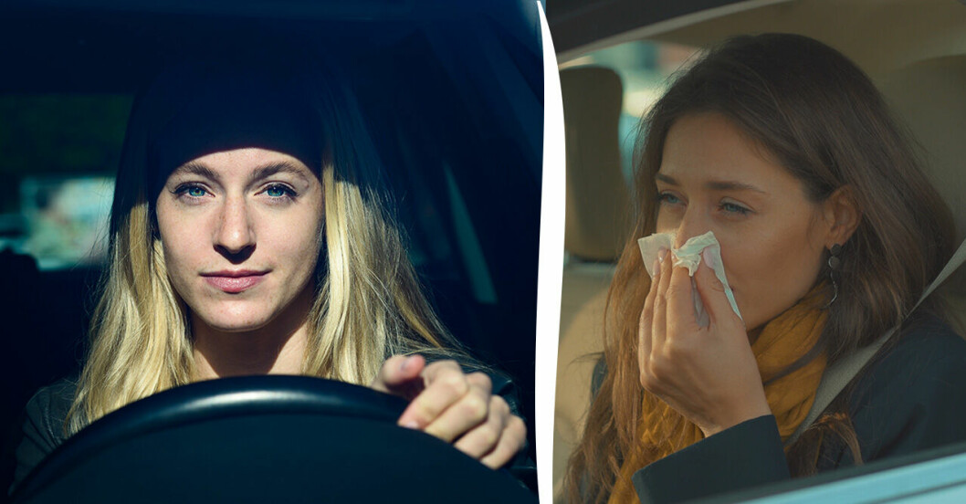 Kvinna kör bil förkyld och snyter sig.