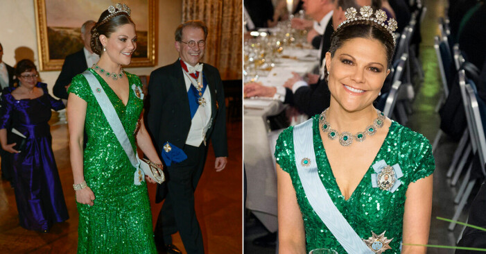 Kronprinsessan Victoria i en grön paljettklänning vid Nobelfesten 2012.