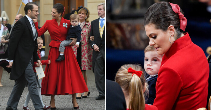 Kronprinsessan Victoria i juligt röd outfit vid prins Gabriels dop.
