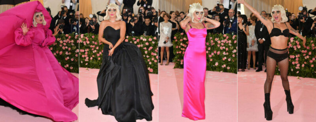 Lady Gaga med sina fyra ombyten. Lady Gaga på röda mattan