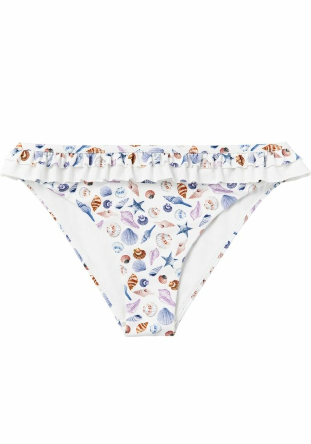 Bikinitrosa med snäckskalsprint och volang