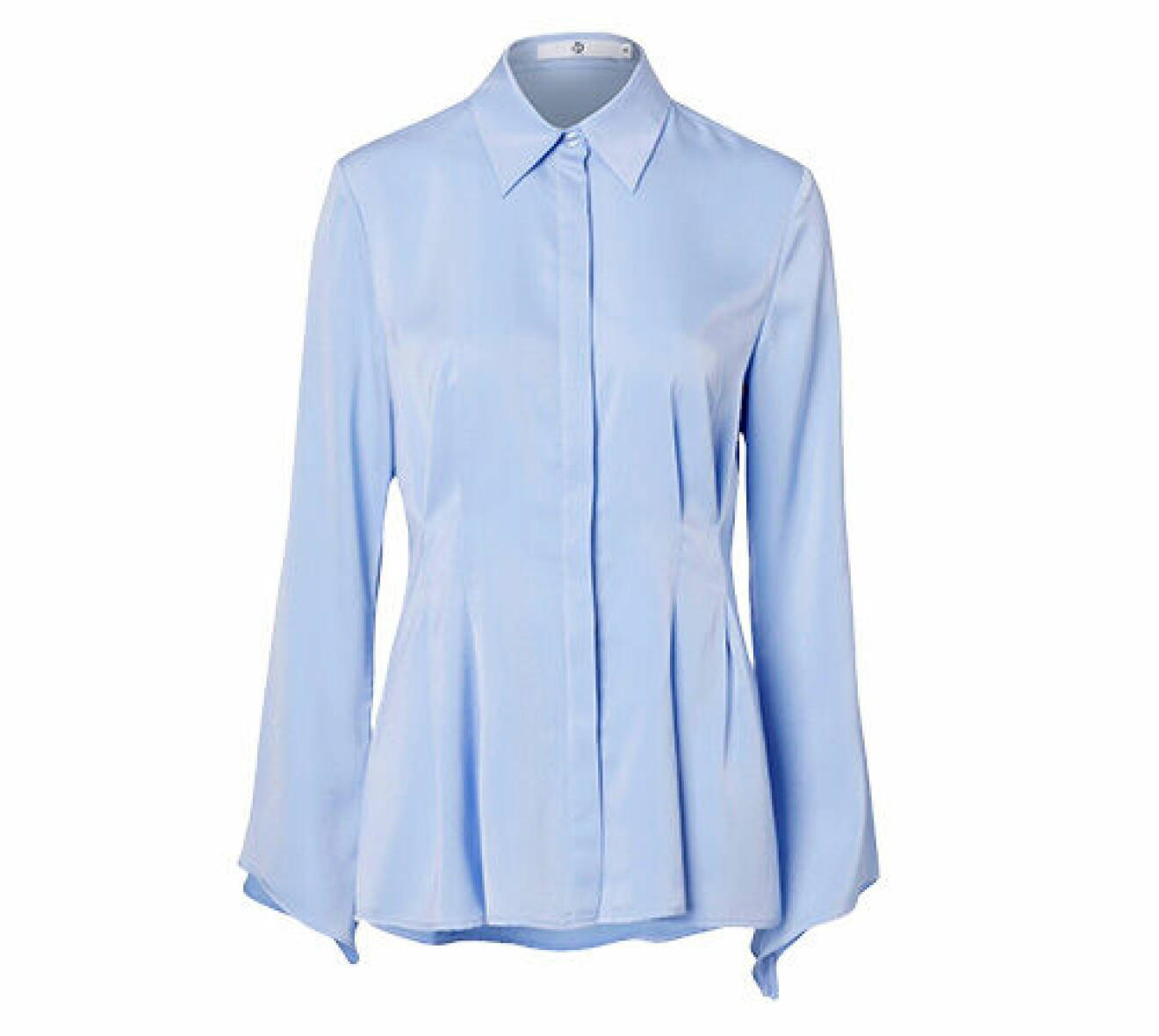 Ljusblå skjorta med markerad midja, långa vida ärmar och dold knäppning fram för dam från Wakakuu Icons