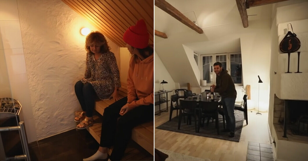 Margaux och mamman i bastun och Sean i vardagsrummet
