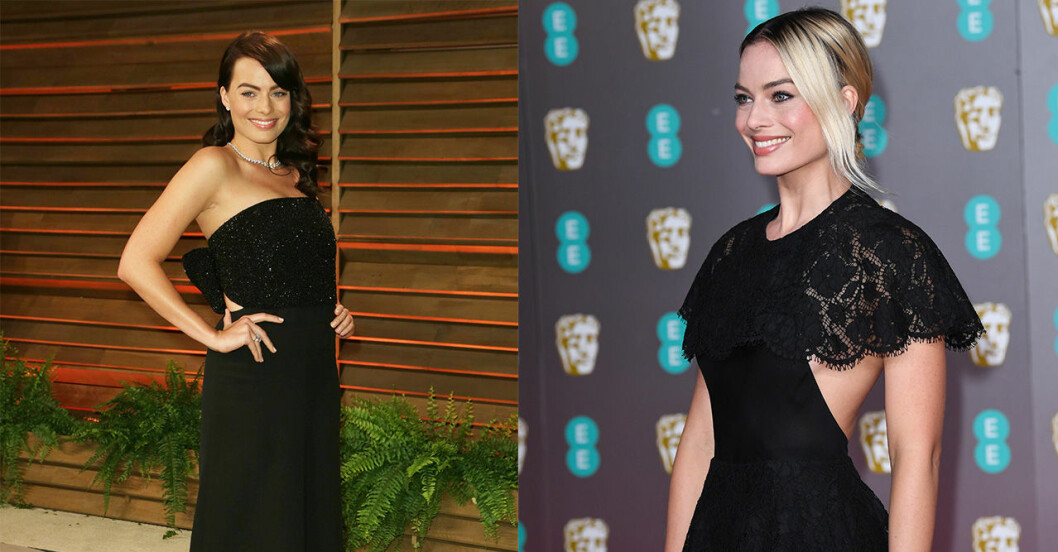 Oavsett hårfärg kör Margot Robbie på det säkra kortet svart klänning. Margot Robbie