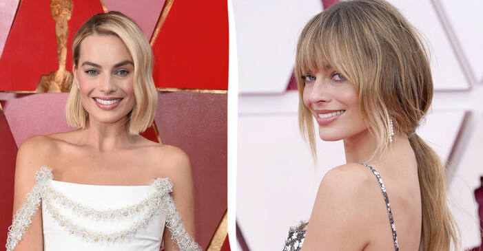 Margot Robbie har bytt frisyr. Margot Robbie på Oscarsgalan 2018 och 2021.