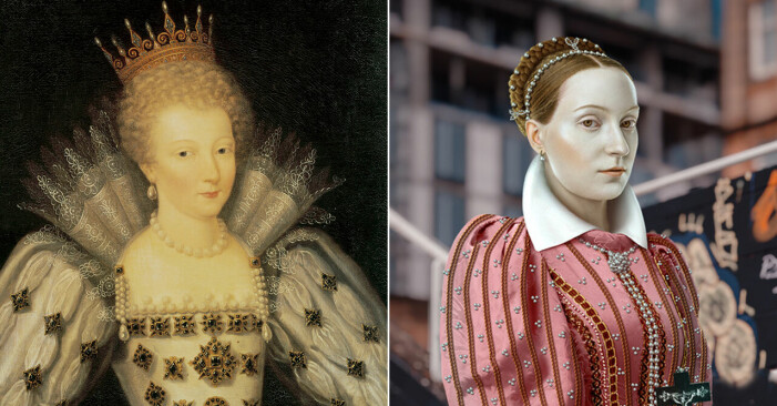 Målning av Maria Stuart och en animerad bild av hur hon troligen skulle se ut idag.