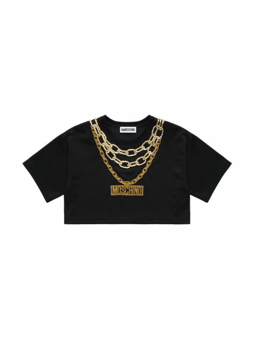 Croppad t-shirt med printade guldkedjor och Moschino-logo. Moschino H&M