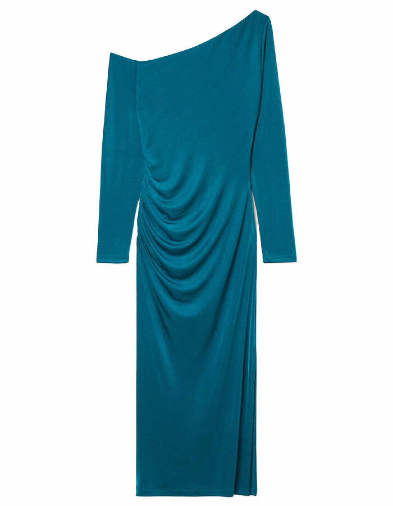 blå klänning av skimrande trikå, kroppsnära passform och one shoulder från stockh lm studio