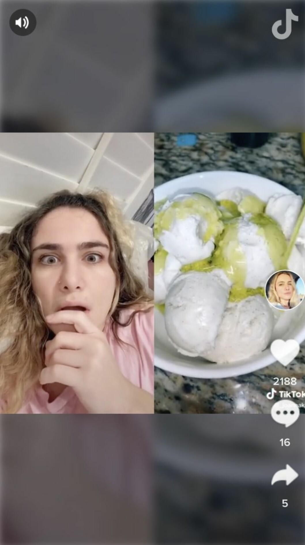 Reaktionen hos en användare som nyss fått reda på den något speciella smakkombinationen. En tjej ser chockad ut och tittar på en video på glass med olivolja och salt