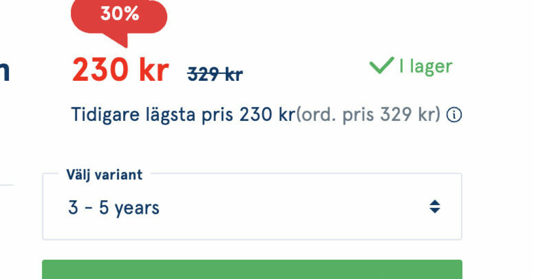 Här är ett exempel på butiken Lekmer som infört de nya reglerna. De uppger att det är en nedsatt vara men har haft samma nedsatta pris tidigare. Lägsta pris senaste 30 dagarna