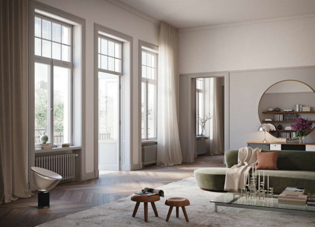 Foto: Oscar Properties. På Nybrogatan 19 har man inspirerats av nutida konst och husets historia för att skapa ett harmoniskt och samtida boende.