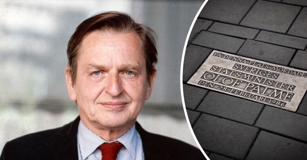 En bild på Olof Palme i kostym och en bild på minnestexten vid hans mordplats
