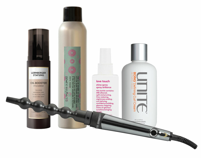 Oil Booster från Lernberger Stafsing. Invisible No Gas Spray från Davines. Love Touch från EVO. Boing Defining Curl Cream från Unite. ROD VS10 från HH Simonsen.