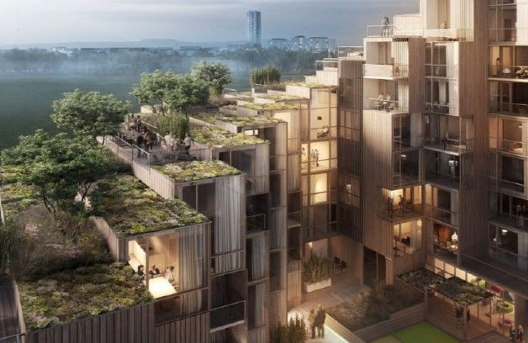 Foto: Oscar Properties. Danske stjärnarkitekten Bjarke Ingels (BIG) har ritad den roterade terrasserade ringen vid Gärdet som omfattar 168 lägenheter. I bottenplan kommer det att bland annat finnas fik,, bageri och förskola. Inflytt är planerad till 2018.